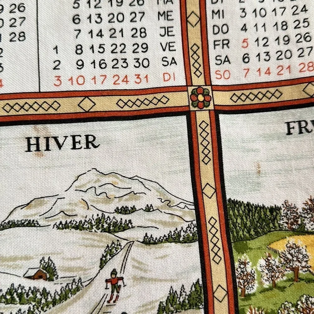 Vintage 1985 Alba cotton calendar tea towel/European scenes of the four‎ seasons